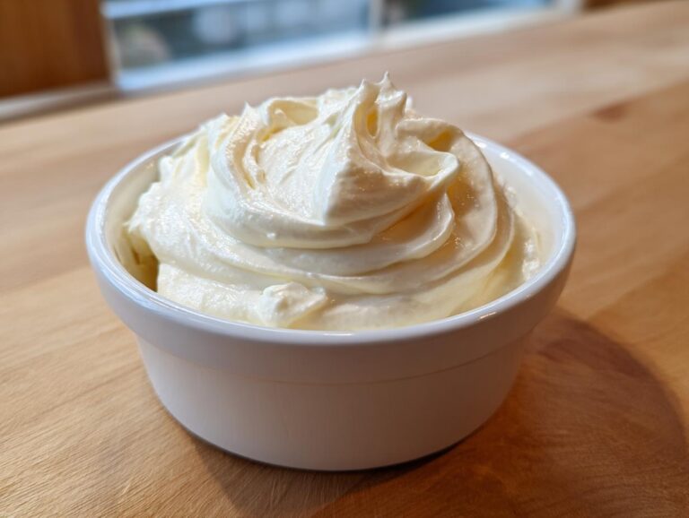 Amazing Lowcarb Garlic Aioli in 1 Step A close-up of thick, creamy, pale yellow Lowcarb Garlic Aioli swirled high in a small white ramekin on a wooden surface.