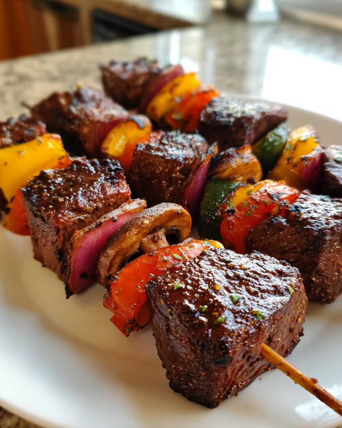 Close-up of juicy, grilled Steak Kabobs featuring seared beef cubes, red onion, bell peppers, and mushrooms on a white plate.