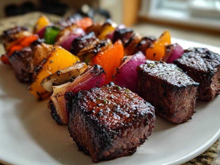 Close-up of glistening, perfectly grilled Steak Kabobs featuring seared beef cubes and colorful bell peppers and red onions.