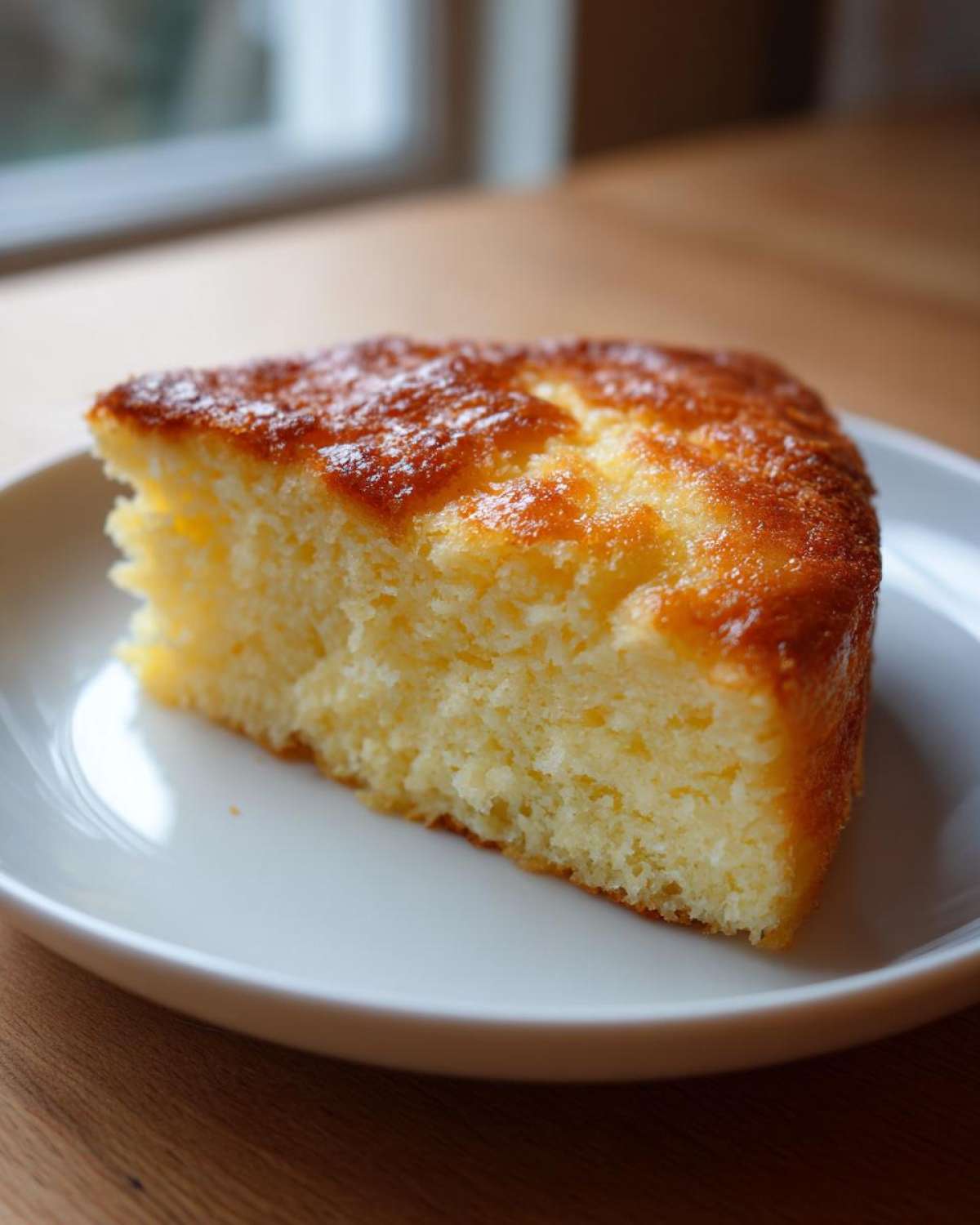 Close-up of a moist slice of Microwave Greek Yogurt Cake with a golden, slightly caramelized top.