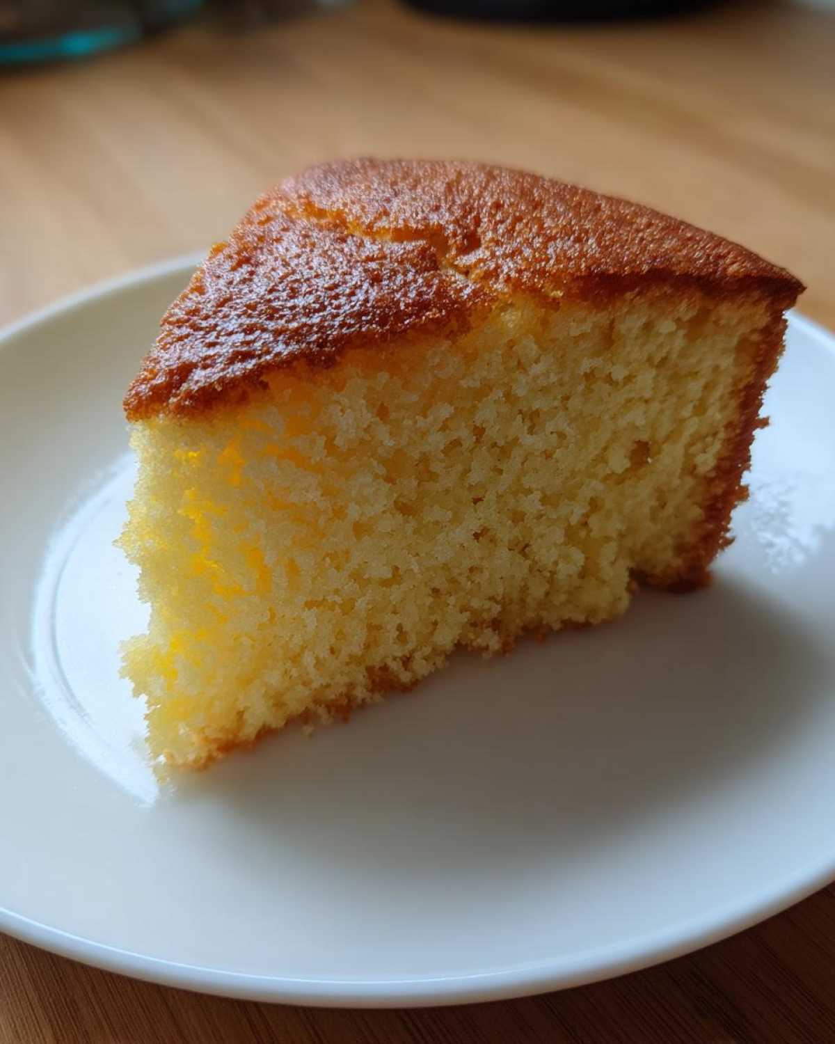 A close-up of a golden brown slice of Microwave Greek Yogurt Cake on a white plate.