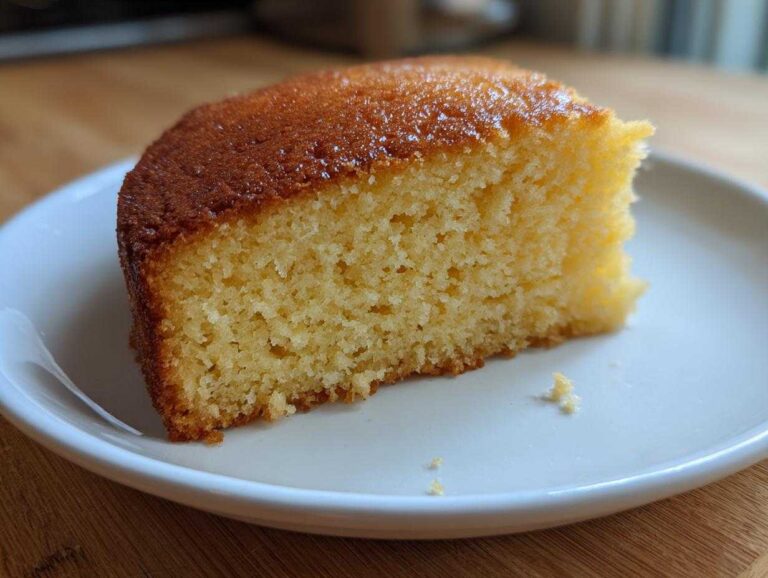 Close-up of a moist, golden slice of Microwave Greek Yogurt Cake on a white plate.