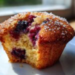 Close-up of a bite taken out of a moist Blueberry Muffins Ever Moist Tall, showing the crumb and juicy berries.