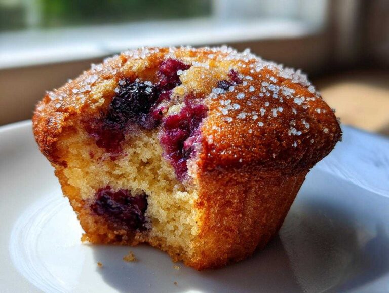 Amazing Blueberry Muffins Ever Moist Tall Close-up of a bite taken out of a moist Blueberry Muffins Ever Moist Tall, showing the crumb and juicy berries.