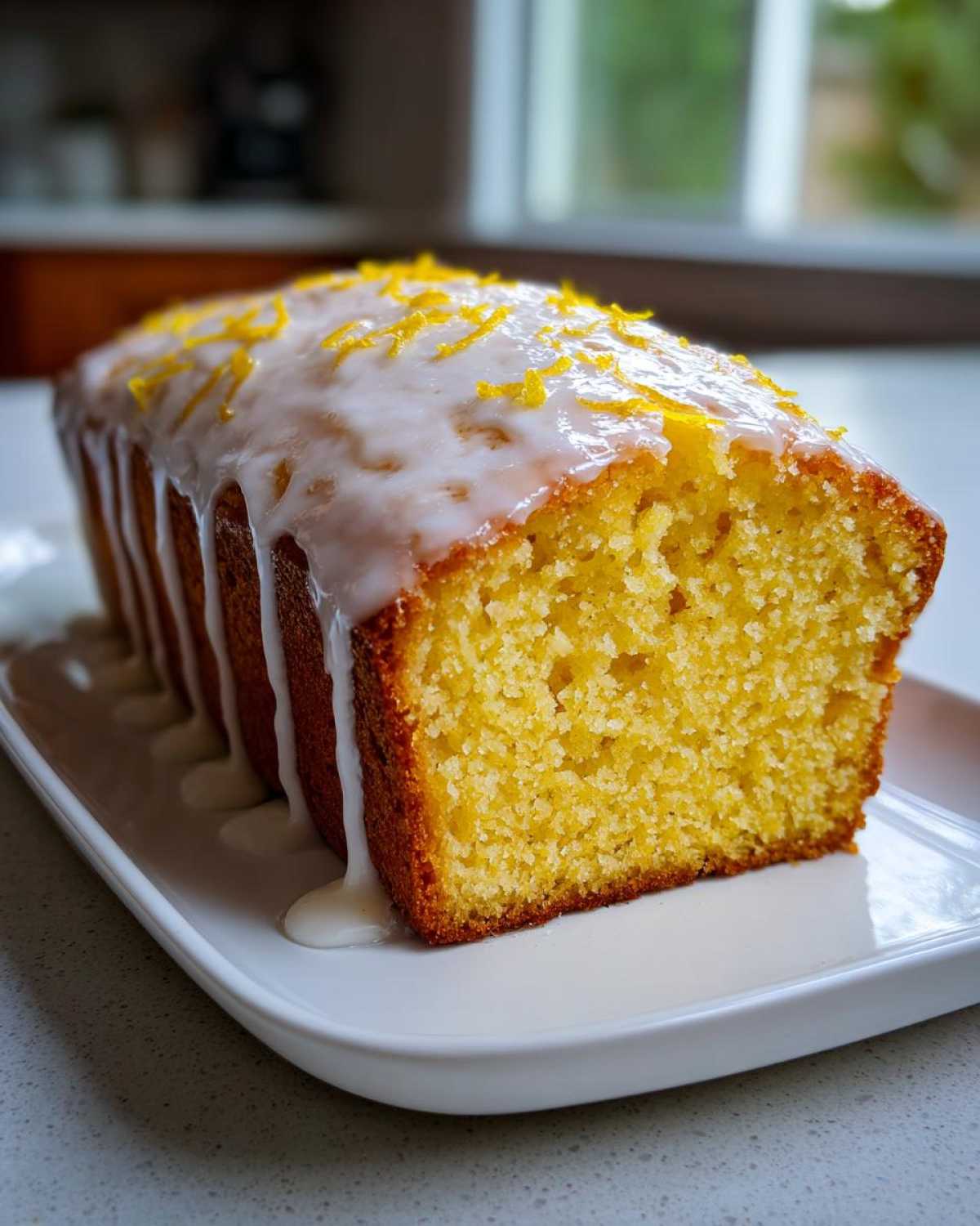 Close-up of a loaf of Moist Lemony Lemon Bread Glazed, showing the crumb texture and thick white icing.