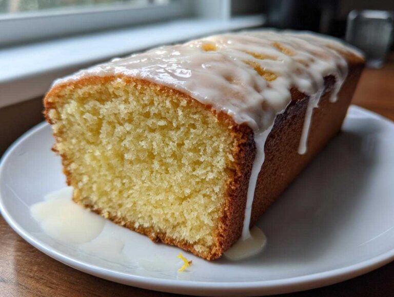 5 Amazing Moist Lemony Lemon Bread Glazed Tips Close-up of a slice of Moist Lemony Lemon Bread Glazed, showing the crumb texture and thick white icing dripping down the side.