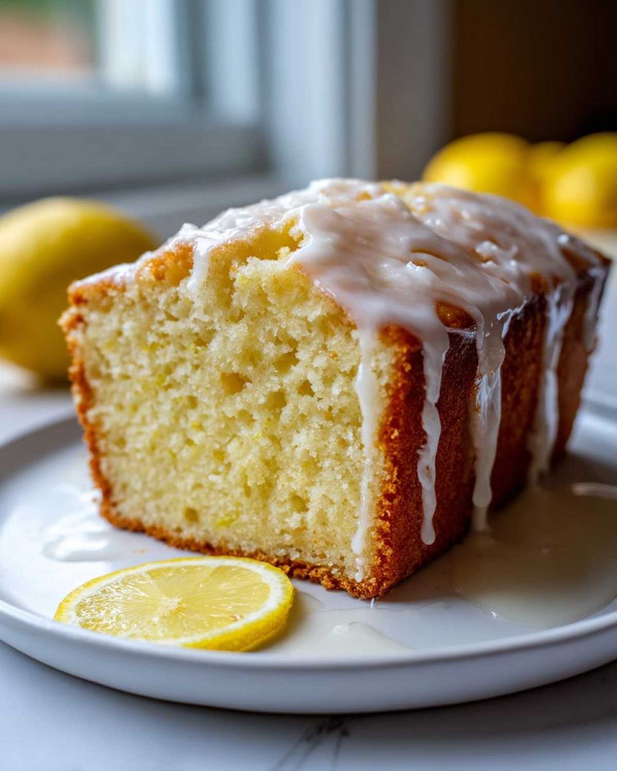 Close-up of a slice of Moist Lemony Lemon Bread Glazed with thick white icing, served with a lemon slice.