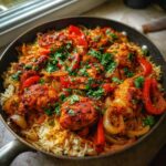 Close-up of vibrant One Pan Tandoori Chicken Rice cooked with red peppers and onions, garnished with cilantro.