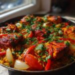 Close-up of vibrant One Pan Tandoori Chicken Rice cooked with red peppers and onions, garnished with fresh cilantro.