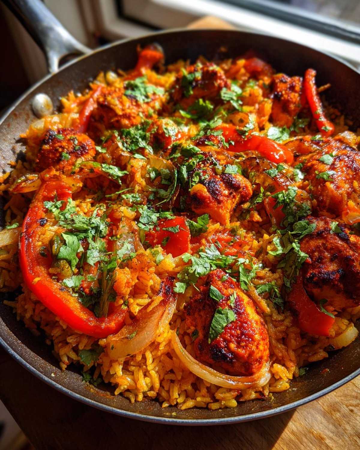 Close-up of vibrant One Pan Tandoori Chicken Rice cooked with red peppers and onions, topped with fresh cilantro.
