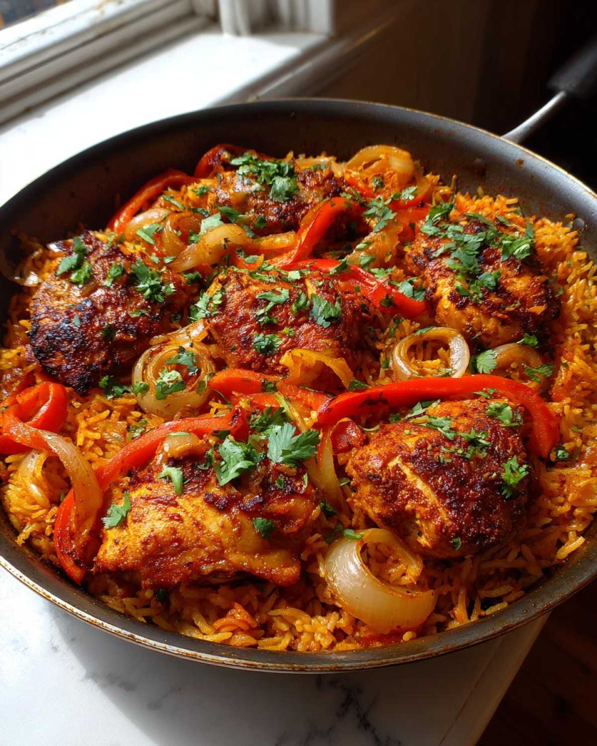 Close-up of vibrant One Pan Tandoori Chicken Rice cooked with onions and red peppers, garnished with cilantro.