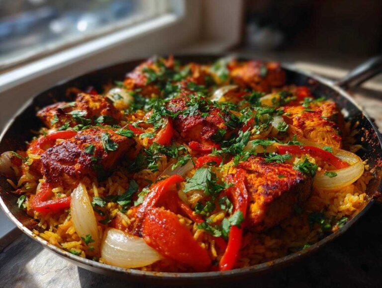 Close-up of vibrant One Pan Tandoori Chicken Rice cooked with red peppers and onions, garnished with fresh cilantro.