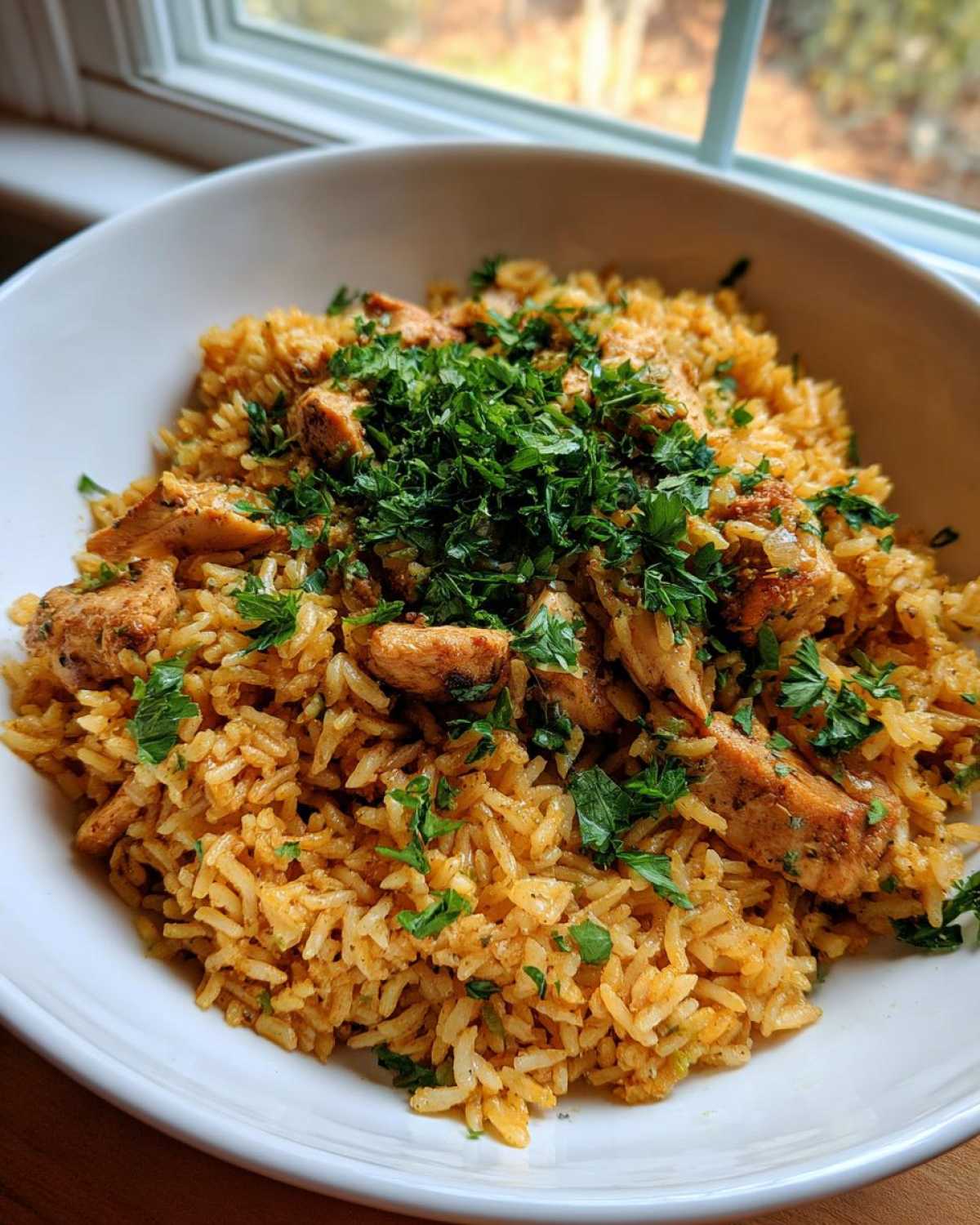 A white bowl filled with flavorful One Pot Chicken Shawarma Rice, topped generously with fresh chopped parsley.