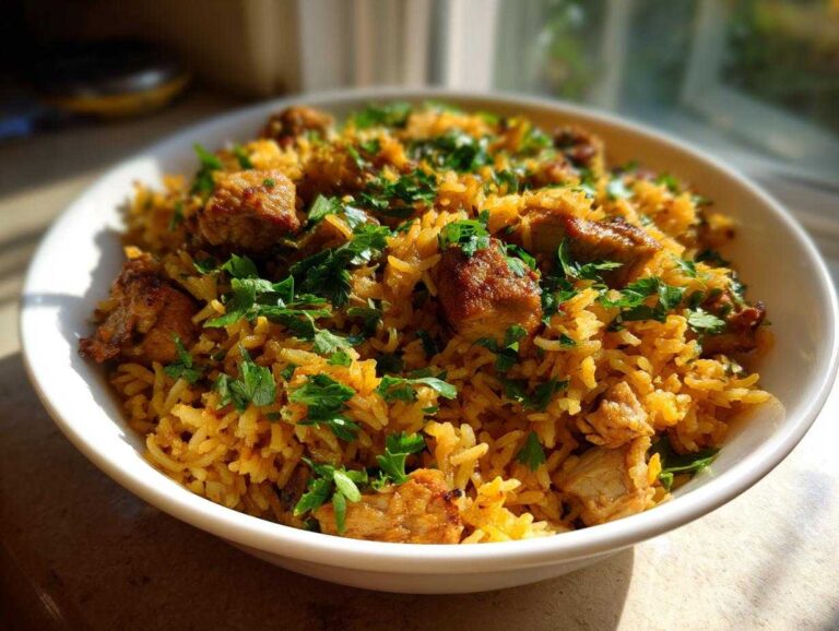 A close-up of a white bowl filled with flavorful One Pot Chicken Shawarma Rice, topped with fresh parsley.