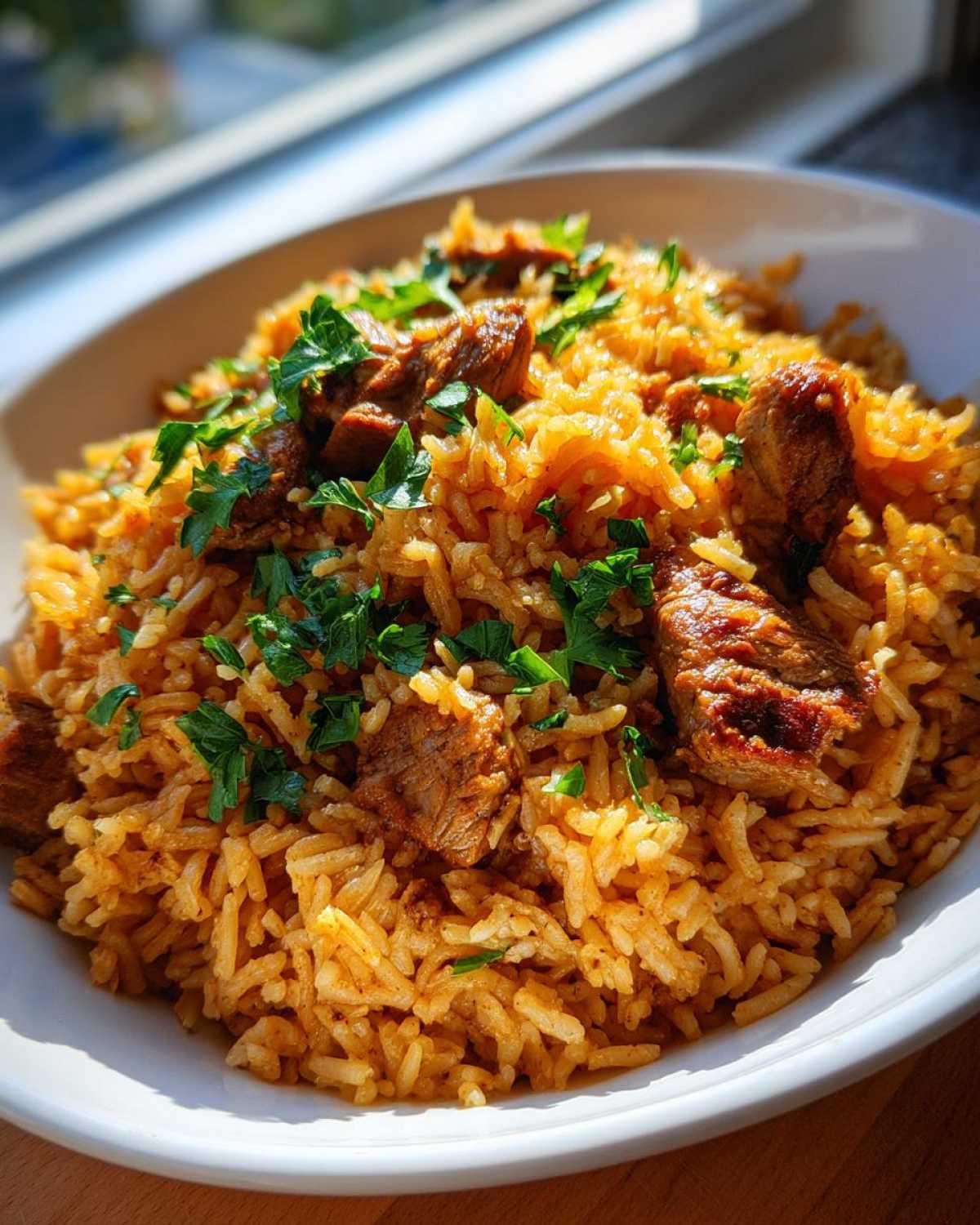 A close-up of a white bowl filled with flavorful One Pot Chicken Shawarma Rice, topped with fresh parsley.