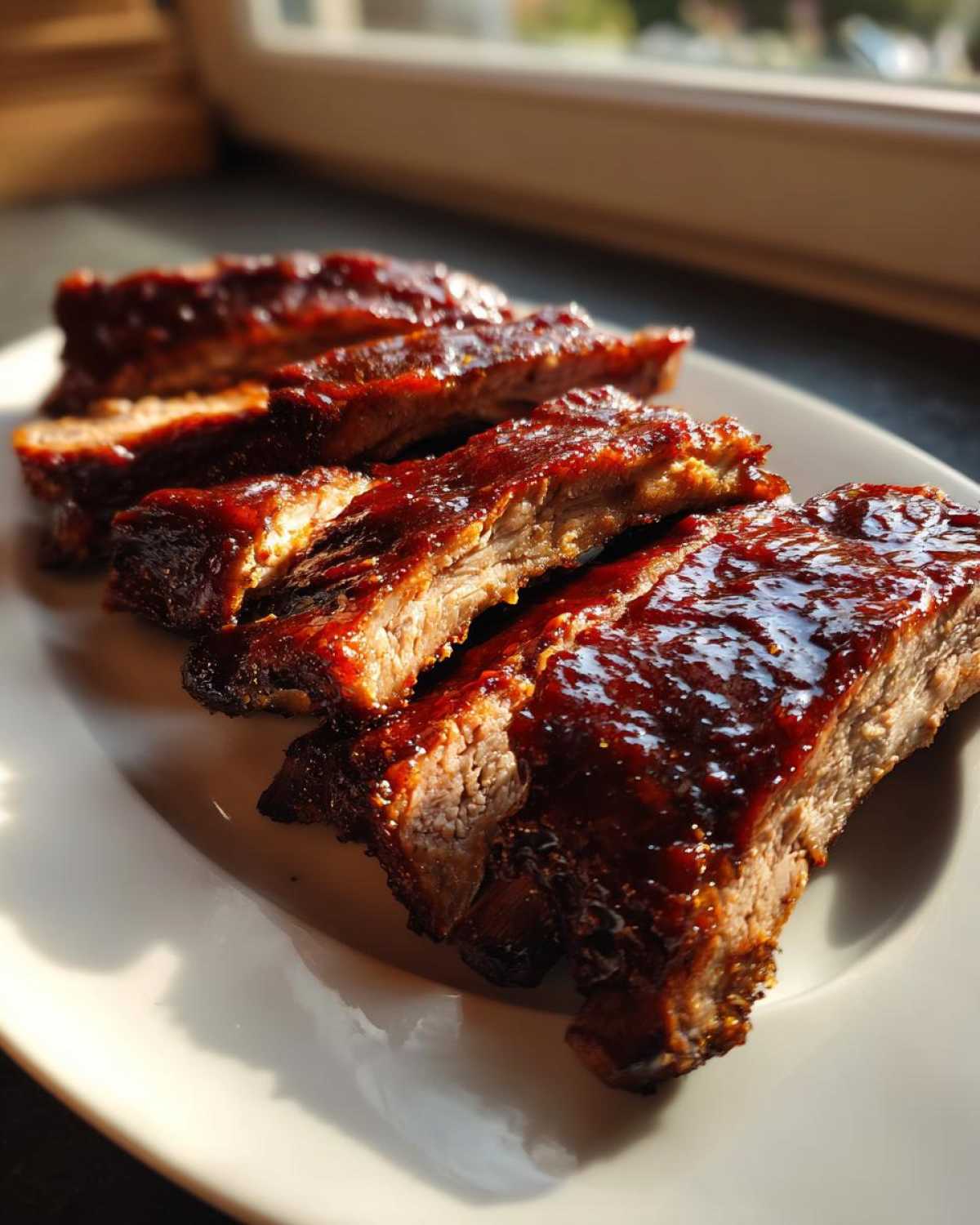 Close-up of tender Oven Baked Ribs slices covered in thick, glossy barbecue sauce on a white plate.
