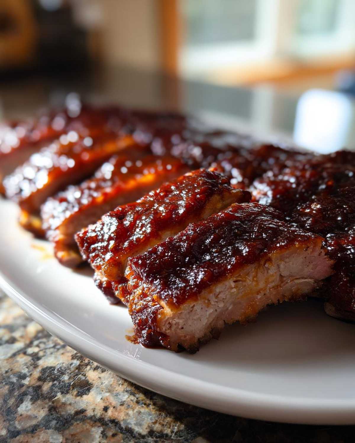 A close-up of tender, sliced Oven Baked Ribs heavily coated in a thick, shiny barbecue sauce.