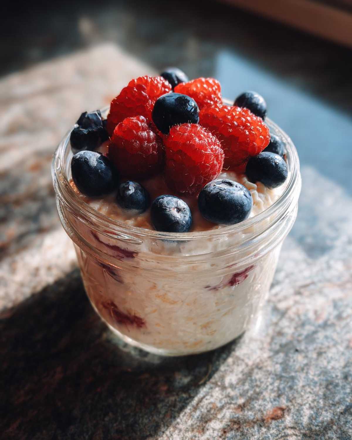 Overnight oats topped with fresh raspberries and blueberries, perfect for Easy Healthy Breakfast Inspiration Healthy.