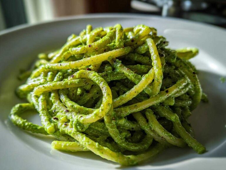 Close-up of thick pasta noodles coated in a vibrant green Smoky Poblano Cream Sauce, served on a white plate.