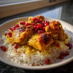 Close-up of golden, spiced Persian Chicken served over saffron rice and topped with bright red pomegranate seeds.
