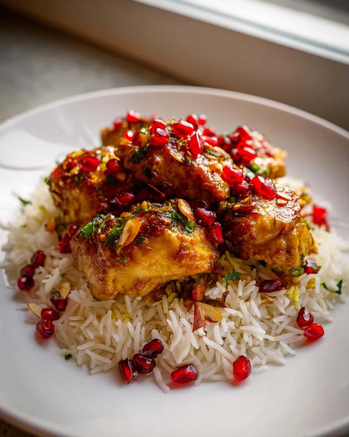 Close-up of golden Persian Chicken pieces served over fluffy white rice, garnished with bright red pomegranate seeds and slivered almonds.