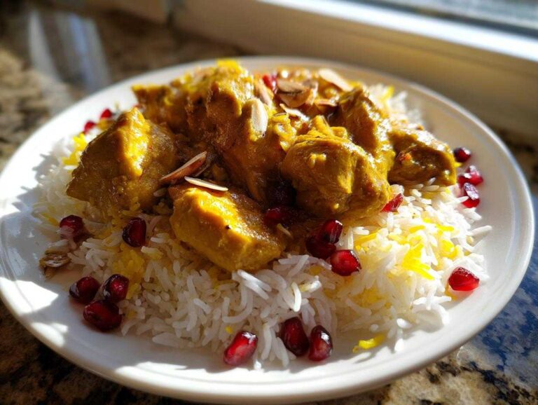 A plate of golden Persian Chicken stew served over fluffy saffron rice, garnished with pomegranate seeds and slivered almonds.