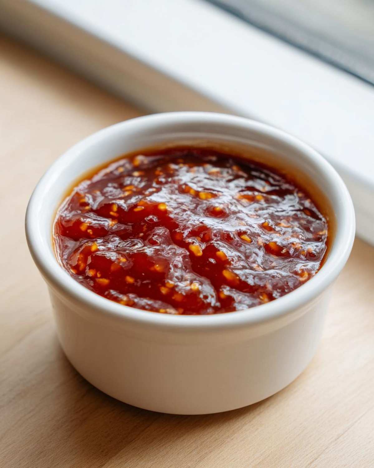Close-up of thick, chunky Pineapple Jalapeno Bourbon BBQ Sauce in a small white ramekin.
