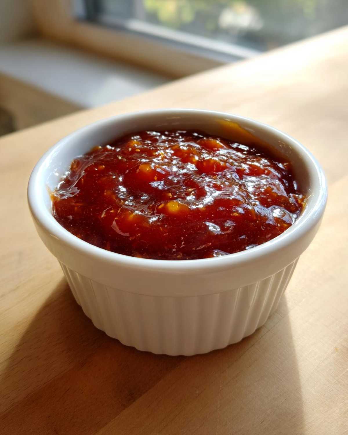 Close-up of thick, chunky Pineapple Jalapeno Bourbon BBQ Sauce served in a small white ramekin.