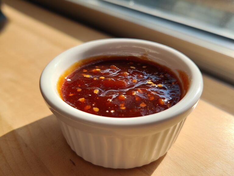 Close-up of rich, dark Pineapple Jalapeno Bourbon BBQ Sauce with visible chili flakes in a small white ramekin.