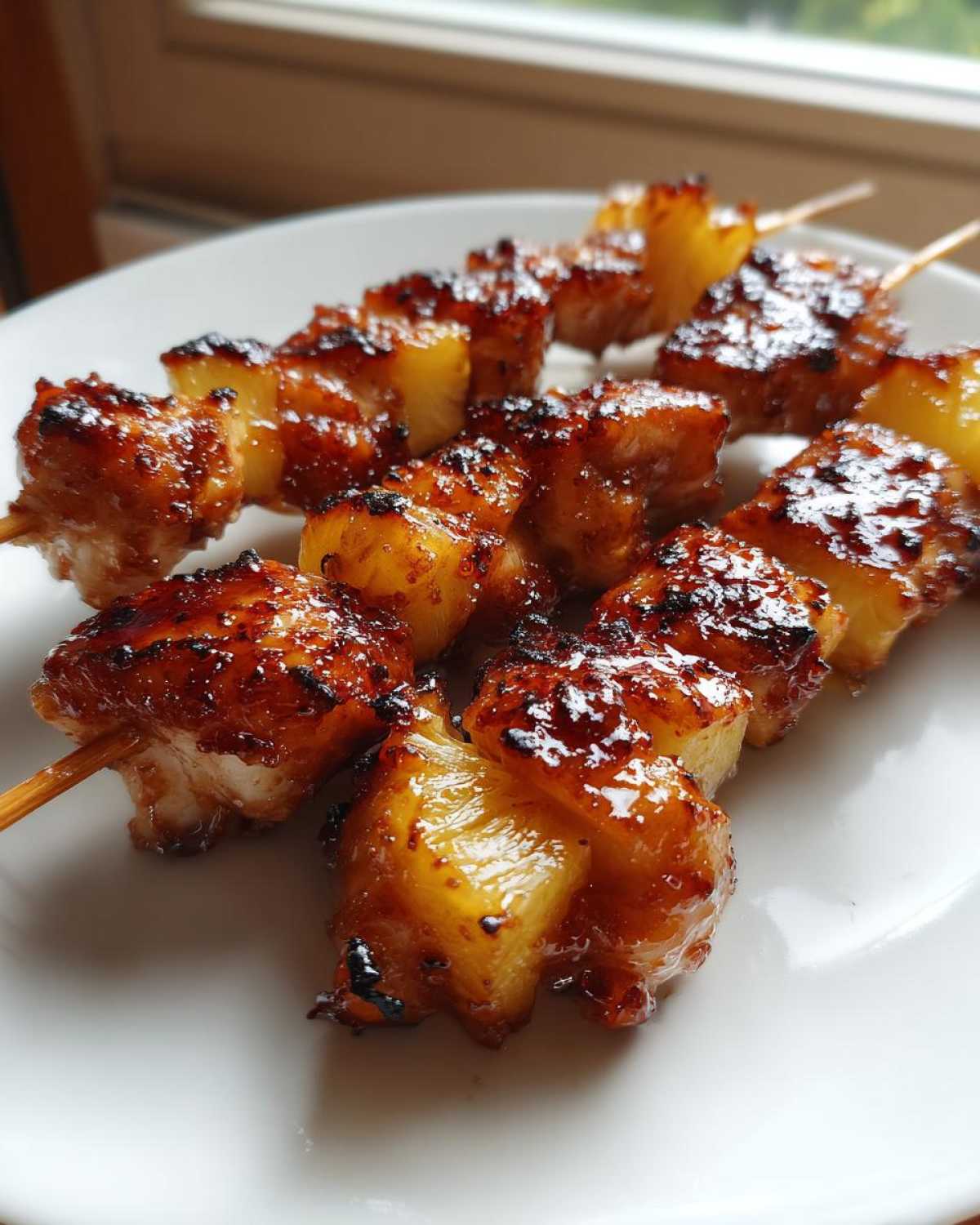 Close-up of beautifully glazed Pineapple Teriyaki Chicken Skewers resting on a white plate, showing caramelized edges.