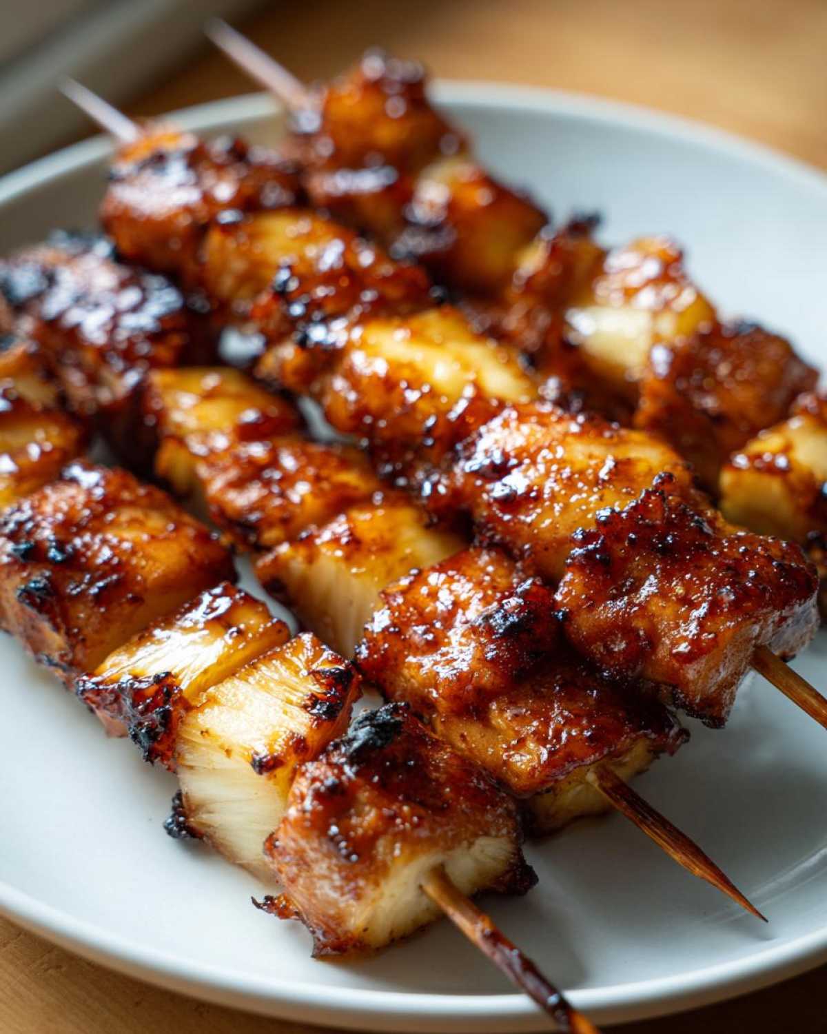 Close-up of several Pineapple Teriyaki Chicken Skewers glistening with a dark, caramelized glaze on a white plate.