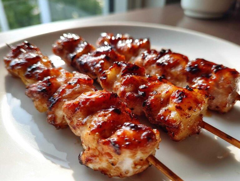 Close-up of three glossy, grilled Pineapple Teriyaki Chicken Skewers resting on a white plate.