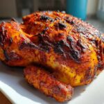 A whole, beautifully roasted Pollo Asado with deeply colored, charred skin resting on a white platter.