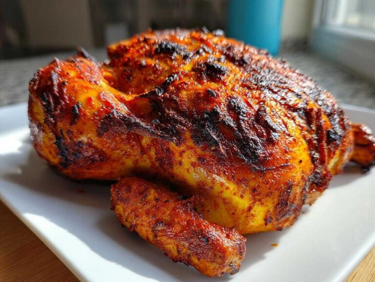 A whole, beautifully roasted Pollo Asado with deeply colored, charred skin resting on a white platter.