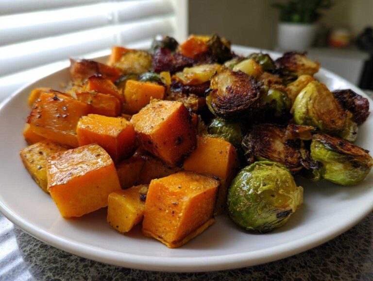 Close-up of roasted butternut squash cubes and Brussels sprouts, key ingredients for the Cranberry Glazed Roasted Butternut Squash Brussels Sprouts and Sweet Potato Salad.