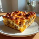 A golden-brown, baked slice of Sausage Croissant Breakfast Casserole with visible layers of sausage and egg.