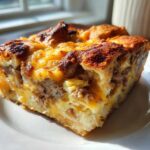 A close-up, sunlit slice of Sausage Croissant Breakfast Casserole showing layers of egg, sausage, and a browned, cheesy top.