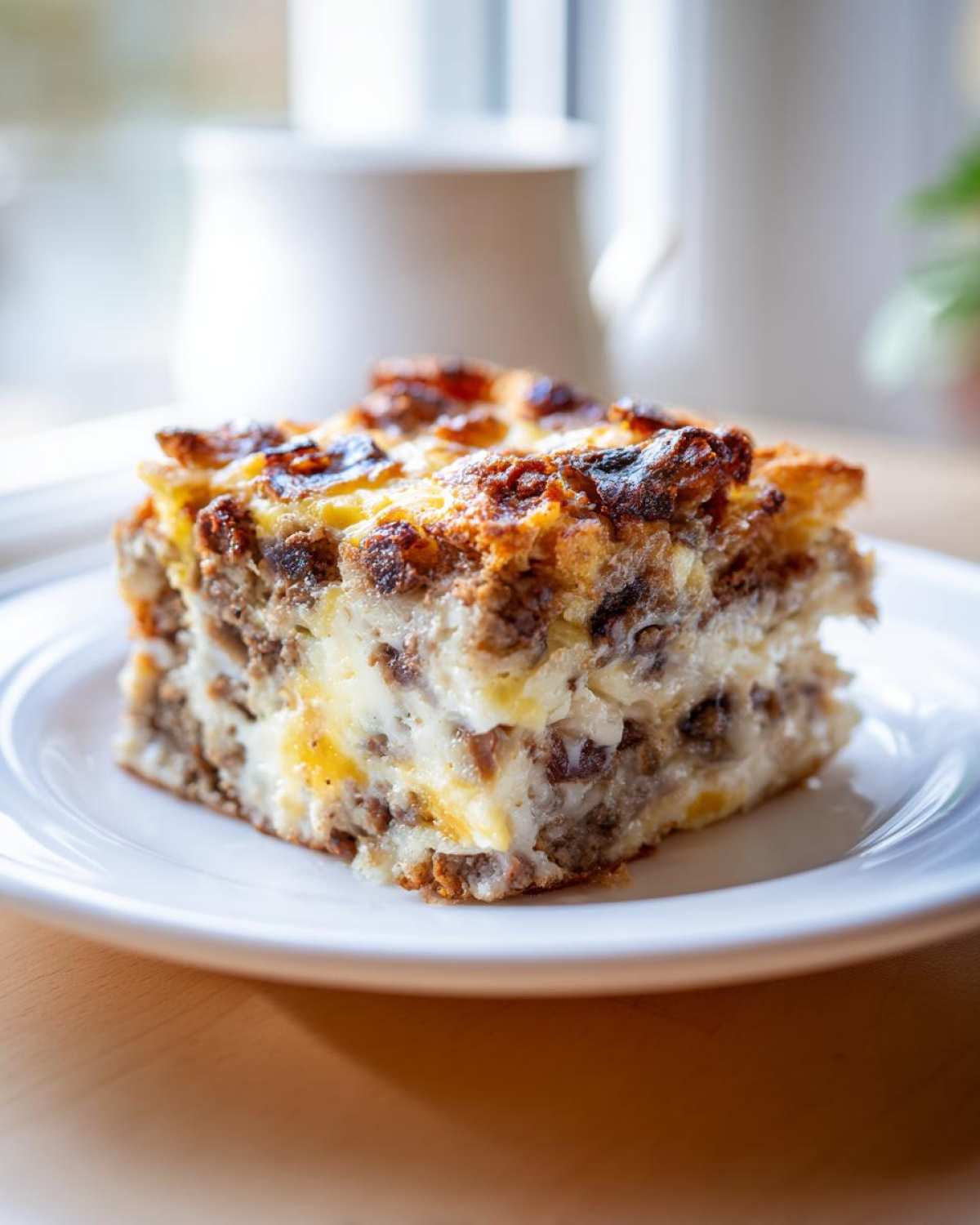 A square slice of golden-brown Sausage Croissant Breakfast Casserole on a white plate.
