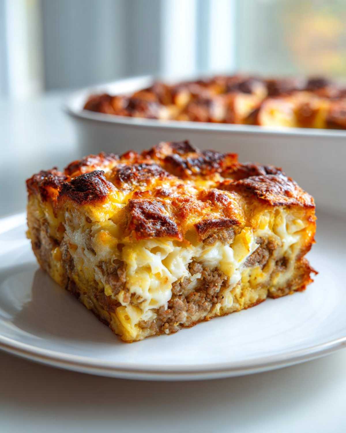 A close-up of a square slice of Sausage Croissant Breakfast Casserole with a golden-brown, cheesy top.