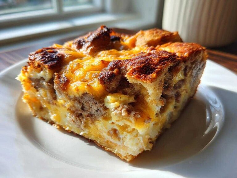 Divine Sausage Croissant Breakfast Casserole 8 Ways A close-up, sunlit slice of Sausage Croissant Breakfast Casserole showing layers of egg, sausage, and a browned, cheesy top.