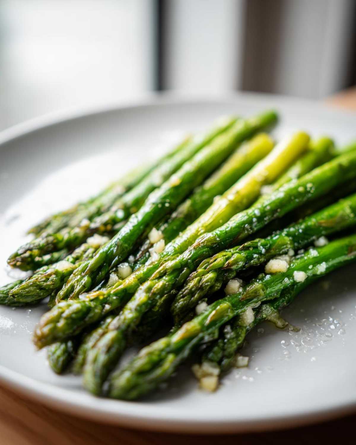 Bright green spears of Sautéed Garlic Butter Asparagus Skillet served on a white plate with visible minced garlic.