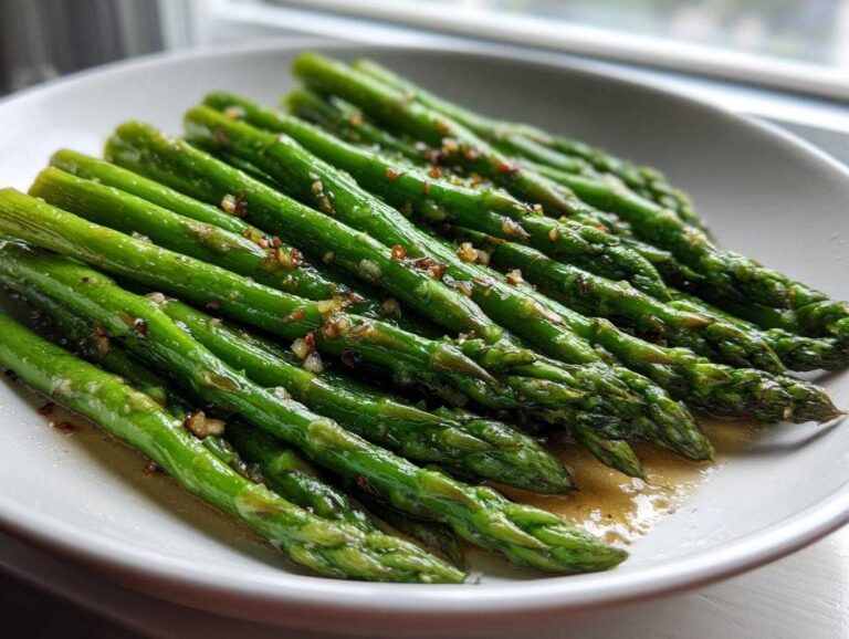 A close-up of bright green Sautéed Garlic Butter Asparagus Skillet spears glistening with butter and garlic pieces on a white plate.
