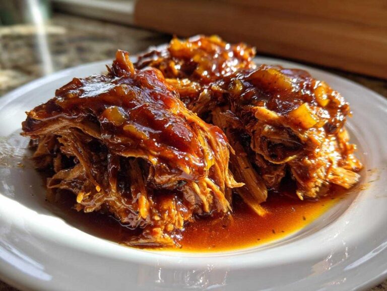 Amazing 6-Ingredient Hawaiian Chicken Bliss Close-up of shredded Hawaiian Chicken smothered in a rich, glossy, dark brown sauce on a white plate.