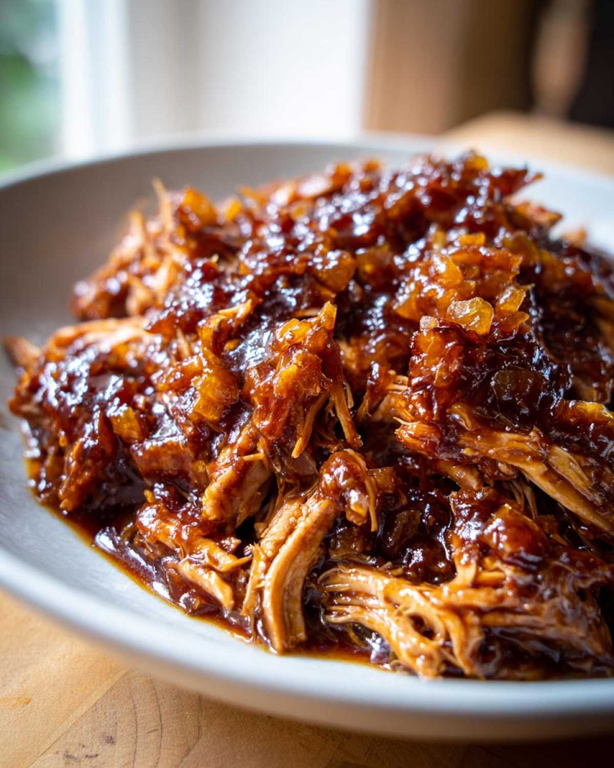 Close-up of shredded Hawaiian chicken coated in a thick, glossy, dark brown sauce with visible pieces of pineapple or onion.