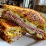 Cross-section of a Sizzling Cuban Grilled Cheese showing melted cheese, ham, and jalapeños between toasted bread.