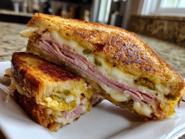 Cross-section of a Sizzling Cuban Grilled Cheese showing melted cheese, ham, and jalapeños between toasted bread.