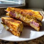A close-up of a Sizzling Cuban Grilled Cheese sandwich, cut diagonally, showing melted cheese, ham, and pickles.