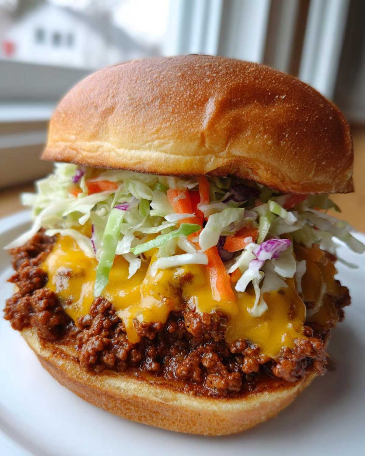 Close-up of a sloppy joe sandwich with melted cheese and coleslaw, ideal for a summer Cookout Spread.