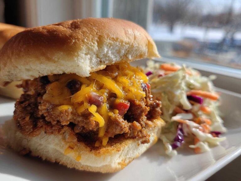 A close-up of a cheesy sloppy joe slider served with a side of coleslaw, perfect for a cookout spread.