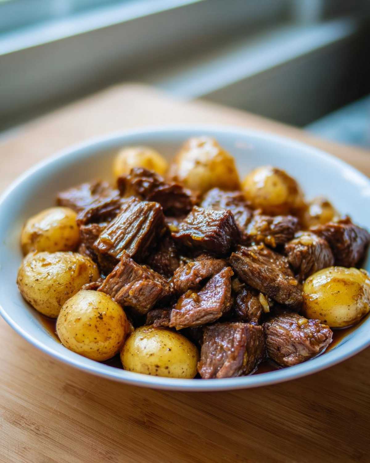 A white bowl filled with tender chunks of Slow Cooker Garlic Butter Beef with Potatoes, coated in a rich sauce.